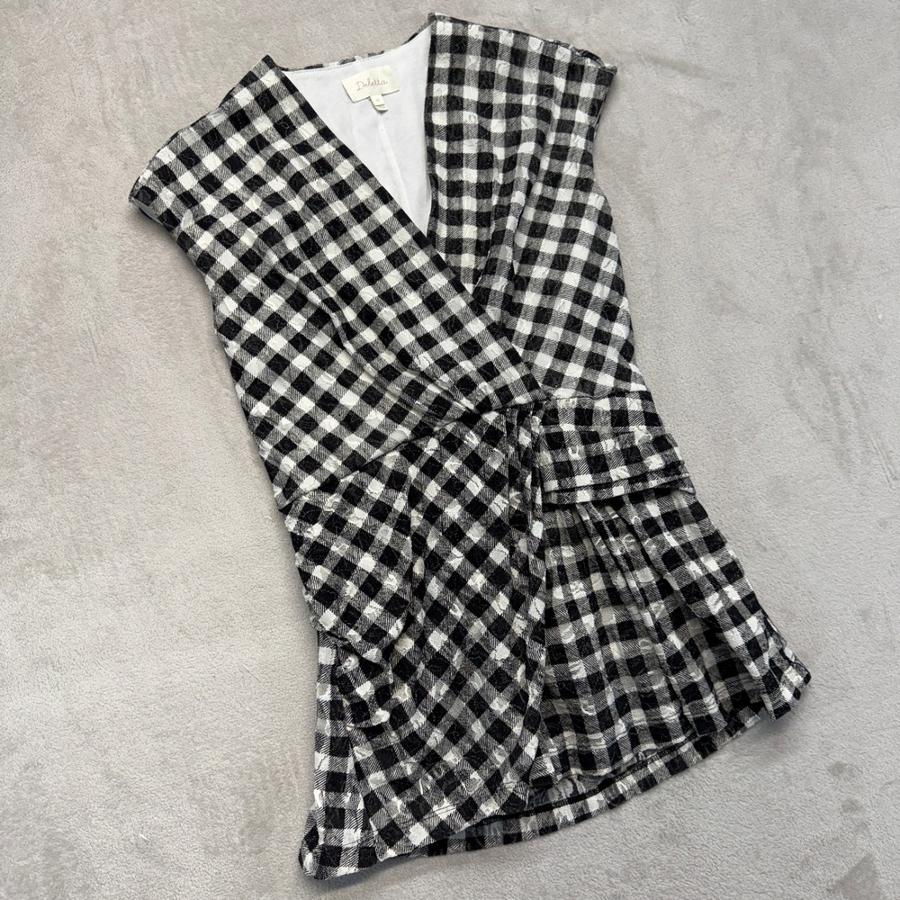 Deletta Shirt Women's XS Surplice Gingham Black White Textured Faux Wrap Blouse